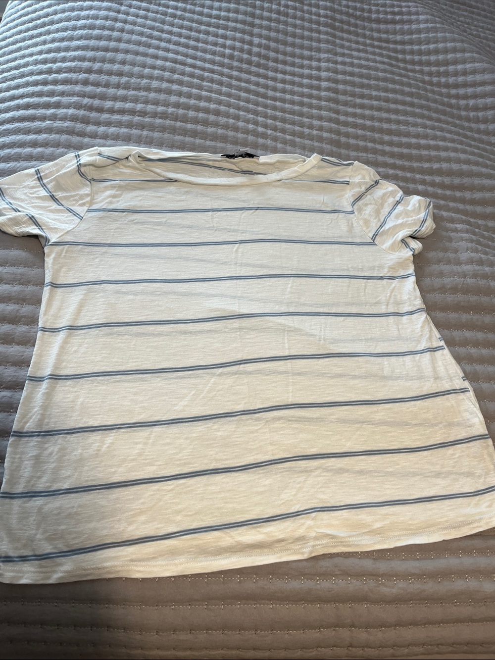 Green Envelope White Tee with Light Blue Stripes